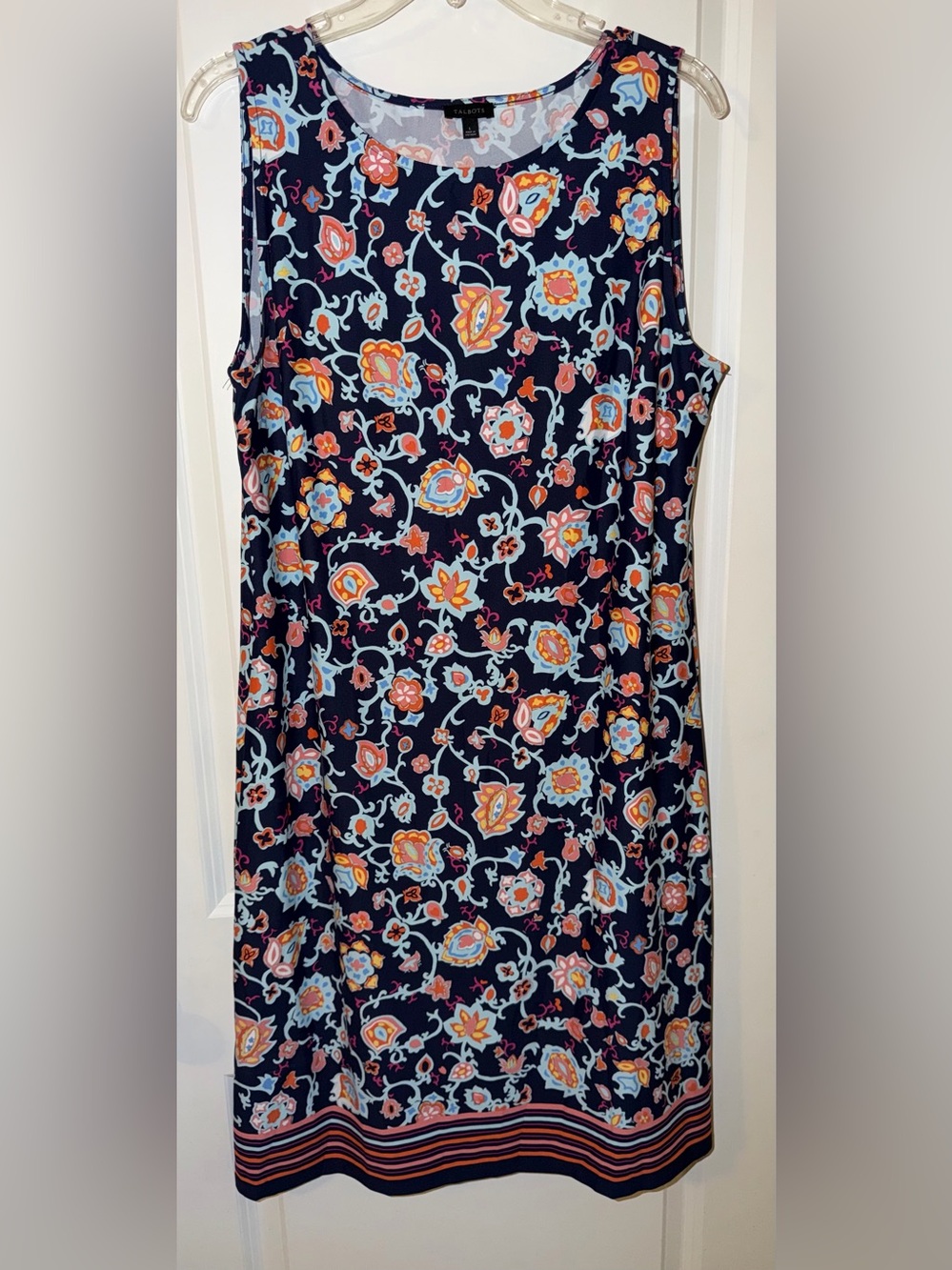 Talbots Navy Dress with Coral, Light Blue and Yellow Floral Pattern